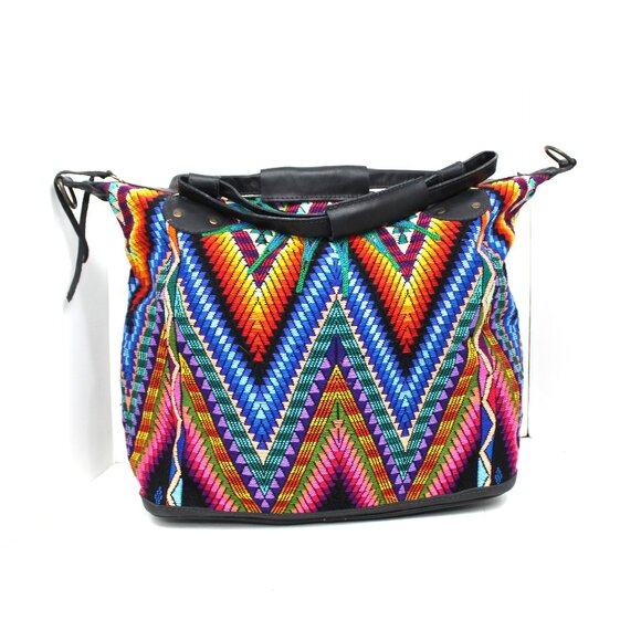 Maria's Artisan Shop Handbags - MARIA'S ARTISAN SHOP MULTICOLOR HUIPIL TEXTILE CROSSBODY TOTE BLACK LEATHER NWT